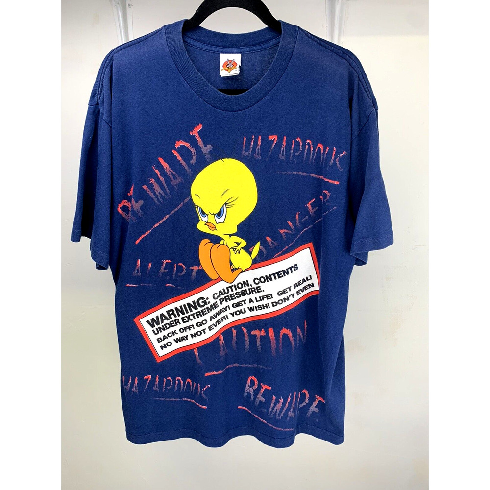 Vintage Tweety Bird Caution Short Sleeve Tee Blue Kids Size 14W Made In USA 90s